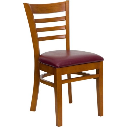 Ladder Back Cherry Wood Restaurant Chair - Burgundy Vinyl Seat