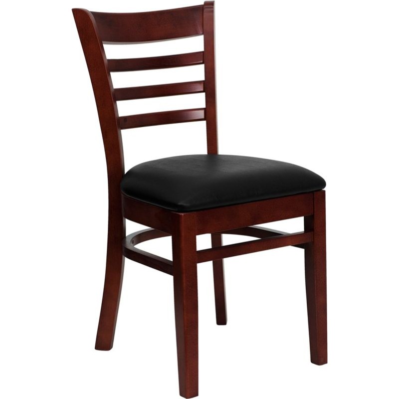 Ladder Back Mahogany Wood Restaurant Chair - Black Vinyl Seat