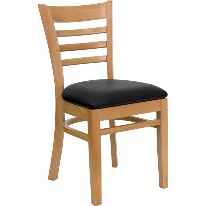 Ladder Back Natural Wood Restaurant Chair - Black Vinyl Seat