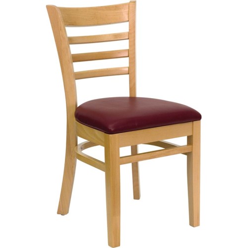 Ladder Back Natural Wood Restaurant Chair - Burgundy Vinyl Seat