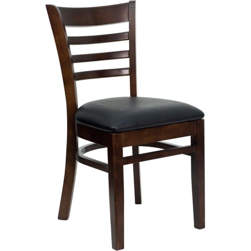 Ladder Back Walnut Wood Restaurant Chair - Black Vinyl Seat