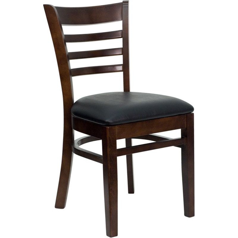 Ladder Back Walnut Wood Restaurant Chair - Black Vinyl Seat