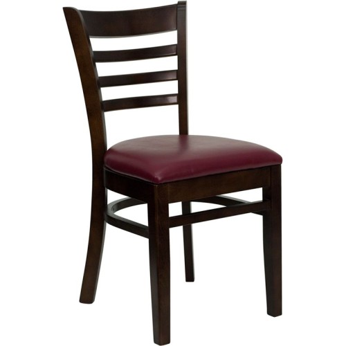 Ladder Back Walnut Wood Restaurant Chair - Burgundy Vinyl Seat