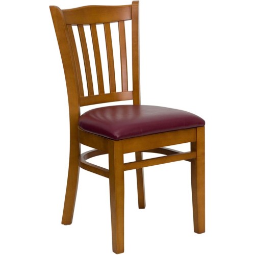 Vertical Slat Back Cherry Wood Restaurant Chair - Burgundy Vinyl Seat