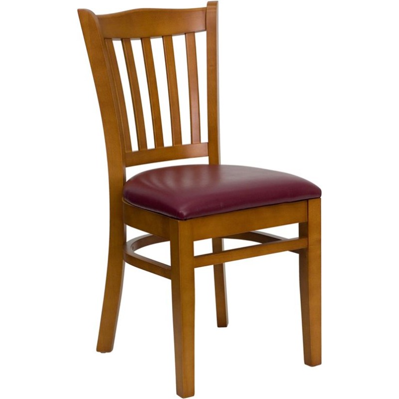 Vertical Slat Back Cherry Wood Restaurant Chair - Burgundy Vinyl Seat