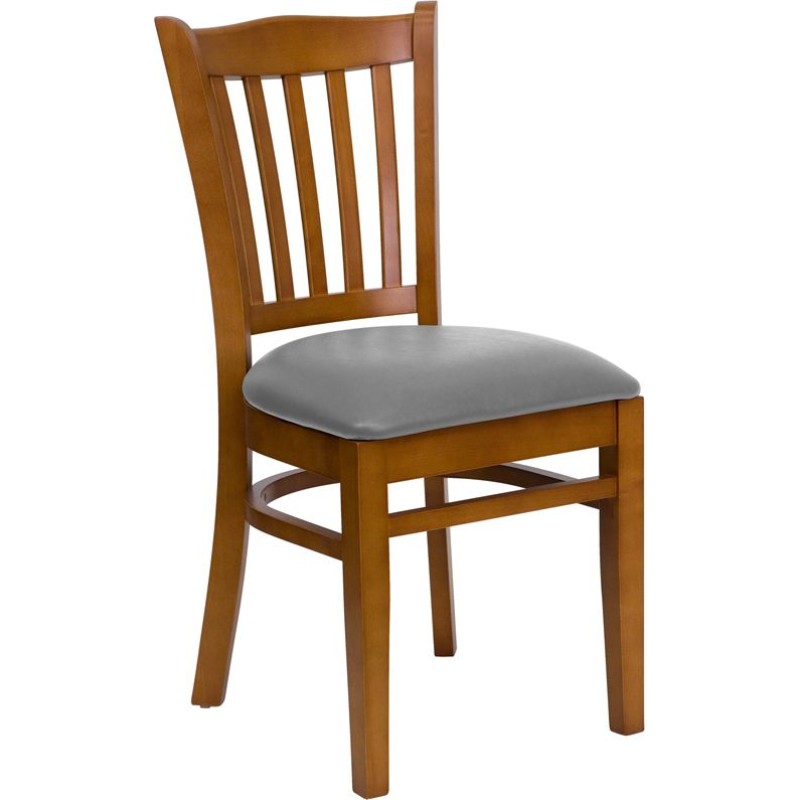 Vertical Slat Back Cherry Wood Restaurant Chair - Custom Upholstered Seat