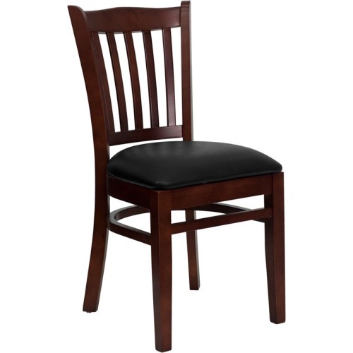 Vertical Slat Back Mahogany Wood Restaurant Chair - Black Vinyl Seat