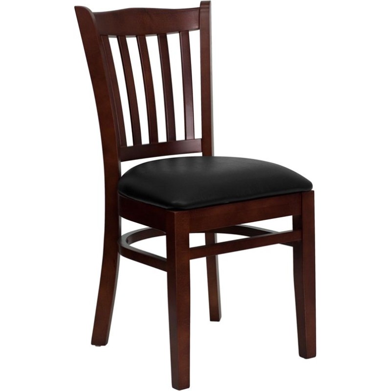 Vertical Slat Back Mahogany Wood Restaurant Chair - Black Vinyl Seat