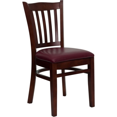 Vertical Slat Back Mahogany Wood Restaurant Chair - Burgundy Vinyl Seat