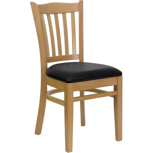 Vertical Slat Back Natural Wood Restaurant Chair - Black Vinyl Seat