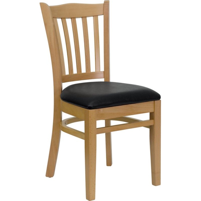 Vertical Slat Back Natural Wood Restaurant Chair - Black Vinyl Seat