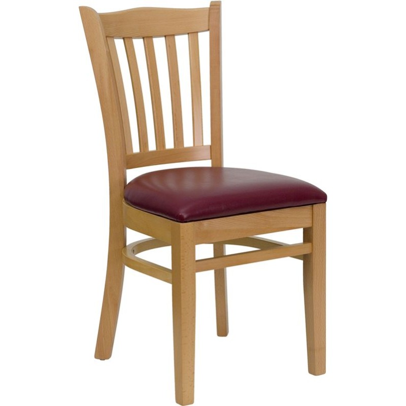 Vertical Slat Back Natural Wood Restaurant Chair - Burgundy Vinyl Seat