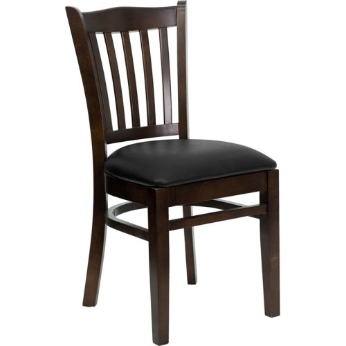 Vertical Slat Back Walnut Wood Restaurant Chair - Black Vinyl Seat