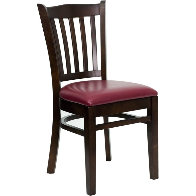 Vertical Slat Back Walnut Wood Restaurant Chair - Burgundy Vinyl Seat