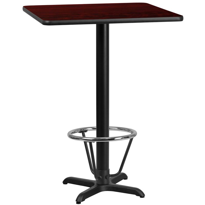 30'' Square Mahogany Laminate Table Top with 22'' x 22'' Bar Height Table Base and Foot Ring