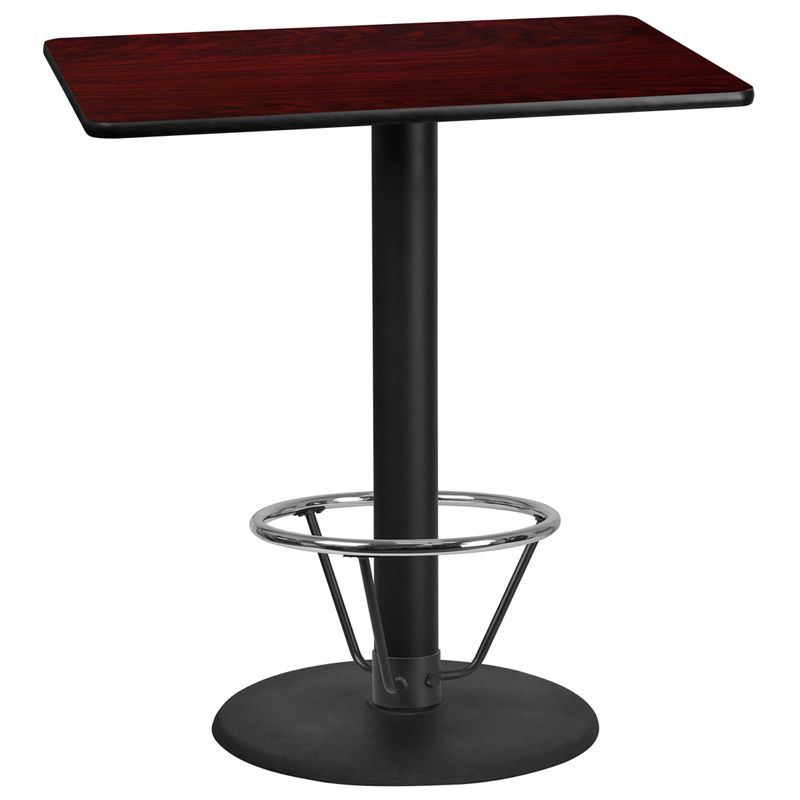 30'' x 42'' Rectangular Mahogany Laminate Table Top with 24'' Round Bar Height Table Base and Foot Ring